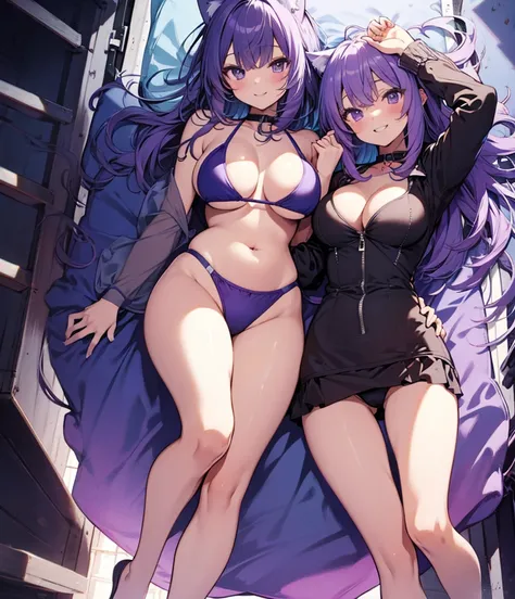 (masterpiece), (Top quality anime illustrations), Emphasize cleavage、Swimwear、Cat porridge、Purple hair color、Swimwear、Titty fuck、Show your legs、Showing off big breasts、nude、Big Breasts、Beautiful breasts、Grinning smile、Beautiful whole body、Plump thighs、No c...