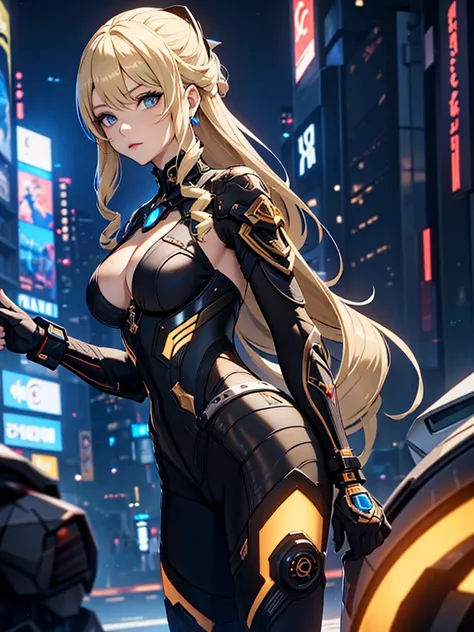 Navia from Genshin impact, 1woman, wearing a futuristic cyberpunk outfit, at future city, blonde colour hair style, 8k, high detailed, high quality