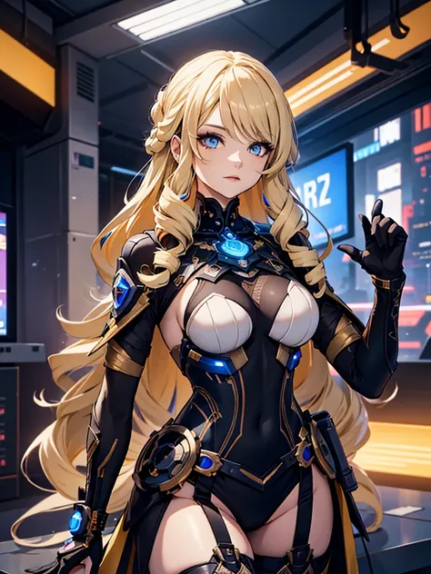 Navia from Genshin impact, 1woman, wearing a futuristic cyberpunk outfit, at future city, blonde colour hair style, 8k, high detailed, high quality