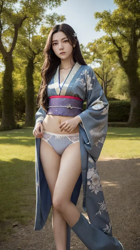 ((Highest quality)), ((masterpiece)), (detailed), Surreal,1人のgirl, sexy,Medium to long hair, girl, Traditional Kimono, Calm expression,The lower half of the body is covered with undergarments, background, a few trees, Pale gradation sky, Fine lineart, Soft...