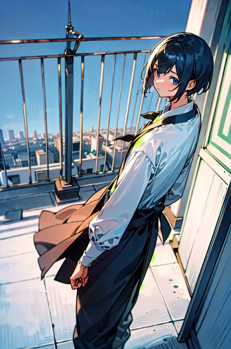 Masterpiece, anime still, intricate details, uhd, 4k, hdr, EyeDetail, (1girl, 1boy,) ((standing back to back)), ((tall male, short female)), looking at the viewer, at night,  school rooftop