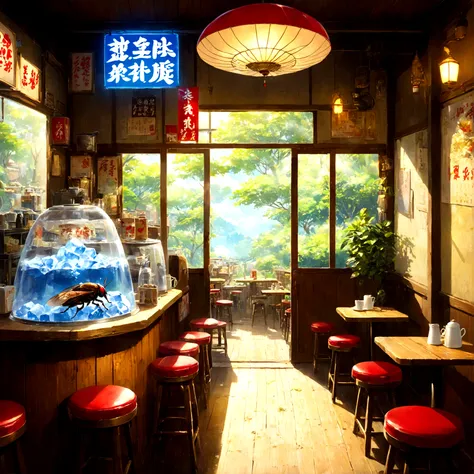 Beautiful game world, Fantasy, Furai no Shiren, First Person View, Showa Retro, Coffee shop, shaved ice, summer,
Open the wooden door and enter the store, The nostalgic smell of wood, Dimly lit interior, Red vinyl seat chair, Old electric fan, Menu display...