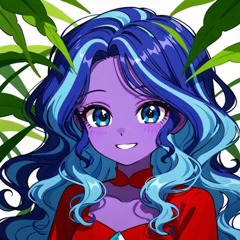 Red dress, dark purple skin, lush wavy hair, blue hair, Blue eyes, Equestria girls, without bangs, smile