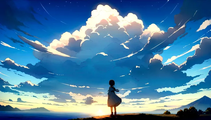 a picture of the sky with cloud and sun shining in the background, beautifull puffy cloud. anime, anime cloud, anime sky, blue sea. by Makoto Shinkai, beautiful anime scenery, Space Sky. by Makoto Shinkai, anime. by Makoto Shinkai, by Makoto Shinkai, by Ma...