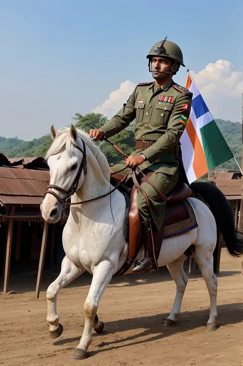 Indian army riding on a huge unicorn on heaven where the horse has Indian flag tag labelled 