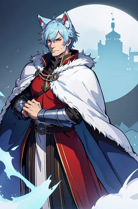 Tall man, wolf ears, Fur cape, armor, winter background, Buff, Stern look, light blue hair, red eyes, martial artist, armor buff, older man