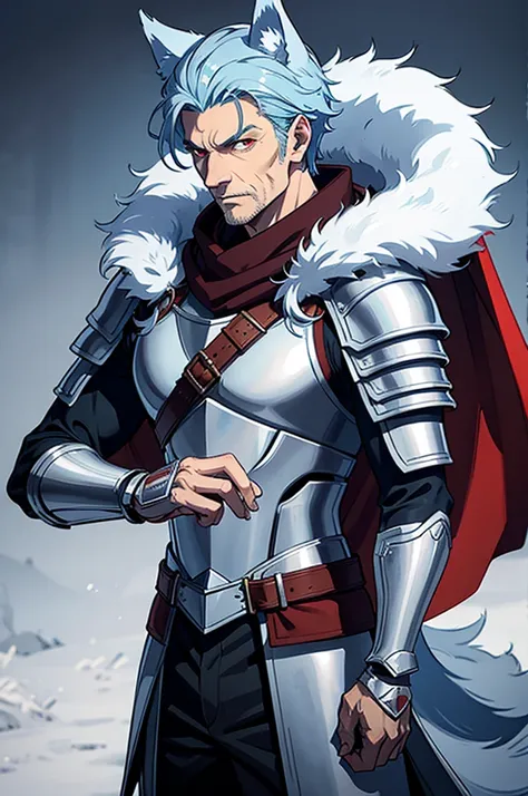 Tall man, wolf ears, Fur cape, armor, winter background, Buff, Stern look, light blue hair, red eyes, martial artist, armor buff, older man