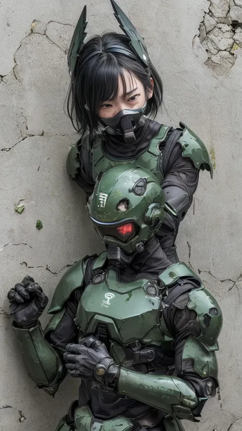 , Advanced Details, high quality, 最high quality, High resolution, 1080P 、Bleeding from the wound、Sexy Eyes、Wearing green and black、cute((The whole body is sweating))(Equipped with a damaged battle suit....)(Dark green armor)(Broken Armor)Black Hair、Chiquit...