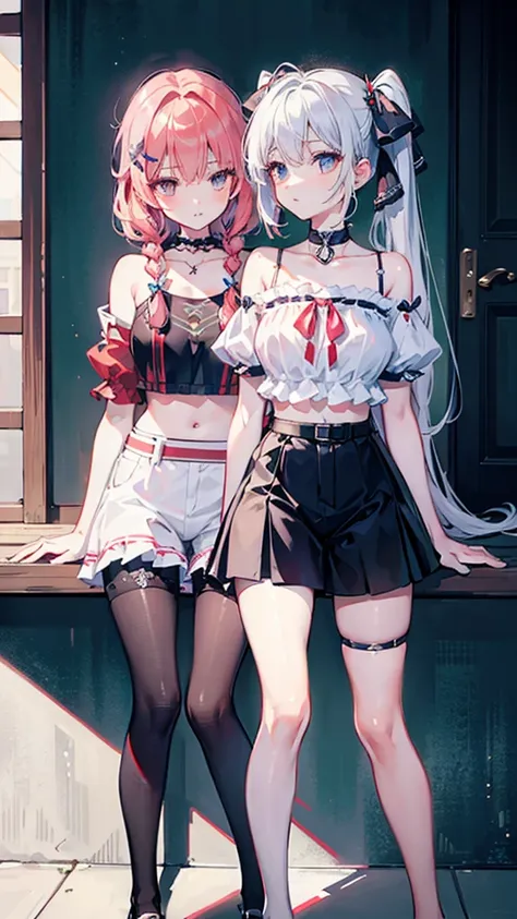 ,twins, Masterpiece,Best quality,offcial art,Extremely detailed Cg Unity 8K wallpaper, 2girls, cute female , Yuri, hair adornments, Short shorts, Crop top, Pantyhose, ribbon_choker necklace, leg belt,