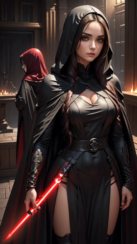 2 beautiful detailed woman with long dark hair wearing a black hooded robe, dramatic lighting,glowing red lightsaber,(2 girls,masterpiece:1.2),ultra-detailed,photorealistic,sci-fi,dramatic cinematic lighting,moody atmosphere,dark fantasy,high contrast,mute...