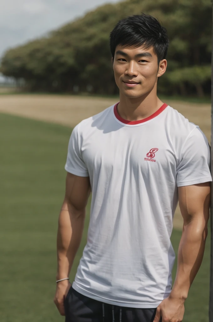 A handsome, muscular young Asian man looks at the camera. In a simple t-shirt white and red , Fieldside, grass, beach, sunlight