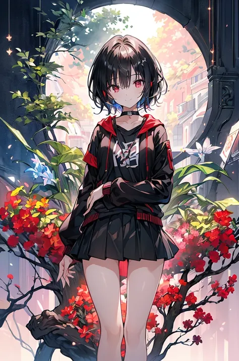 (masterpiece, highest quality, highest quality, (No text), Beautiful and aesthetic:1.2),No text,アニメ、BREAK,One Girl，Black Hair Girl　short hair　older sister　choker　Tree Eyes　Beautiful eyes　Red eyes　cool　smile　Red and Black　Black jacket　mini skirt　whole body　...