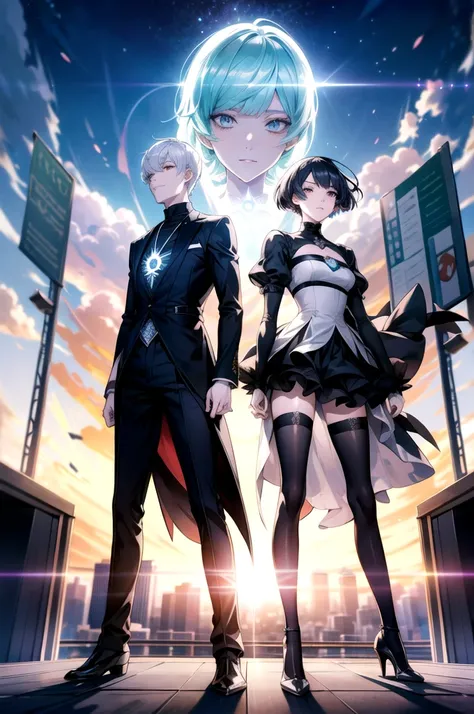 Anime couple standing on a balcony looking at the sky, Anime Land of the Lustrous, Tokyo Ghoul, Anime Key Visual Concept art of, anime key art, Official Anime Artwork, Light novel cover, Anime Cover, Anime Key Visual Concept, Atmospheric anime, Detailed Ke...