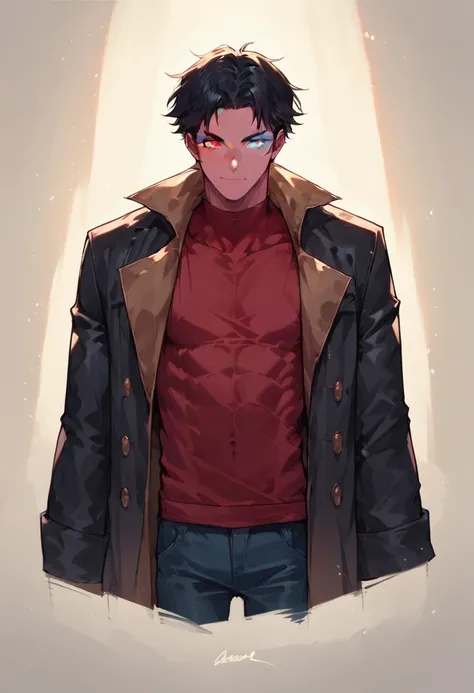 Human Male, Black hair Style , Skin Coat , Red shirt, Heterochromia 