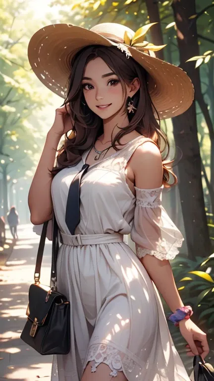 24-year-old female、Long eyelashes、Beautiful appearance、White summer dress decorated with lace、Brown Hair、Side Ponytail((Tie it up with a scrunchie))、Sunlight filtering through the trees、Forest Walk、Walking、Cute handbag、Sandals、Wide-brimmed hat decorated wi...