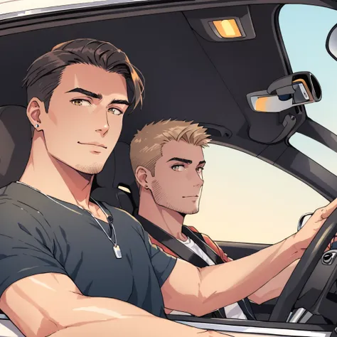 a handsome guy driving and chill with friend