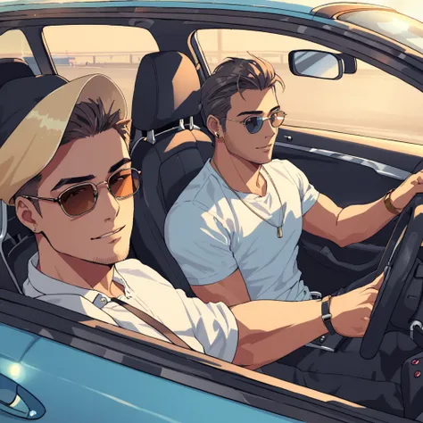 a handsome guy driving and chill with friend