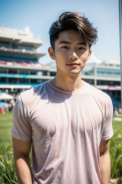 A handsome, muscular young Asian man looks at the camera. In a simple t-shirt white and red , Fieldside, grass, beach, sunlight