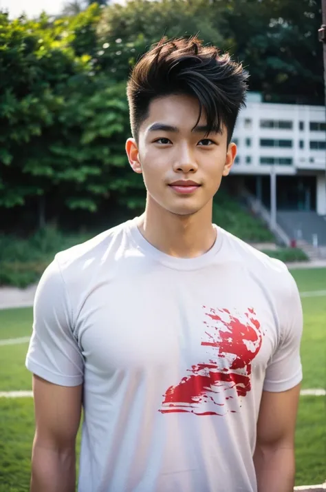 A handsome, muscular young Asian man looks at the camera. In a simple t-shirt white and red , Fieldside, grass, beach, sunlight