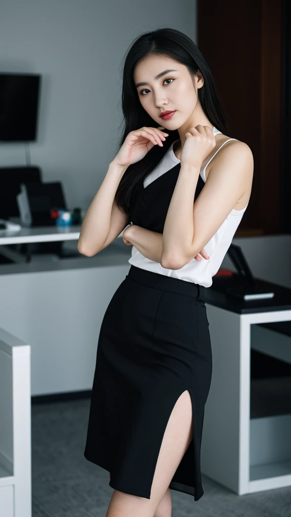 a Xinjiang woman with beautiful Delicate eyes, Beautiful and delicate lips, Extremely detailed face and skin, Pale skin, 23 years old, wearing a suit, black hip skirt, high heels, medium long shot, standing in the office, long legs, full body portrait. Bea...