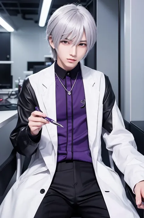 Clip art of anime style game
good looking young man
slender
Silver hair
Purple eyes
Cyber lab
Laboratory of the dark future
Researcher
white coat
Chewing a pen
Bite a ballpoint pen with your teeth.
think
Sit
Luxurious black chair