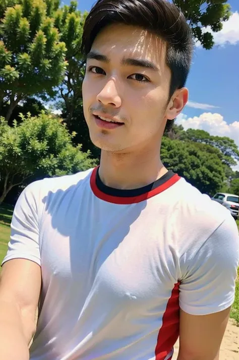 A handsome, muscular young Asian man looks at the camera. In a simple t-shirt white and red , Fieldside, grass, beach, sunlight