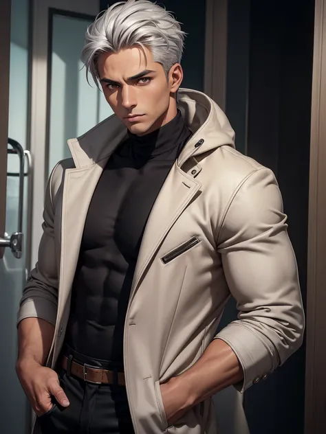 (best quality), 1boy, mature man, 34 years old, tanned skin, silver hair, short hair, hair loosely combed back, brown eyes, perfect eyes, muscular, handsome, small waist, strong jawline, cold expression, black turtleneck, coat jacket, fully clothed, clean ...