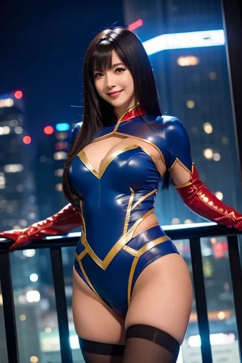 Super Heroine、Beautiful body、Muscular and plump body、hero costume、Straight hair with bangs、High definition、Masterpiece、Photorealistic、smile、pose、Night City、Adult eroticism、Brown pantyhose、Gloves、