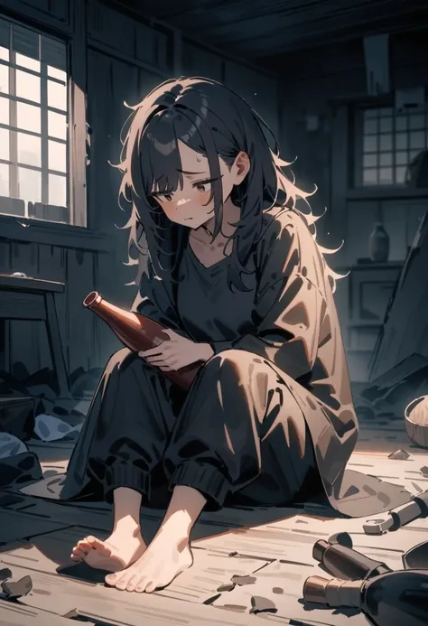 masterpiece, best quality, very aesthetic, absurdres, newest, 1girl, solo, asymmetrical bangs, tareme, adult, messy hair, long hair, dark hair, tired expression, (disheveled clothes), holding , (sake bottle), sitting on the floor, inside a dilapidated hous...