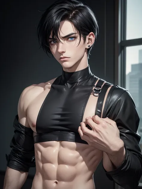 (best quality), 1boy, male, pale skin, black hair, short hair, tousled hair, messy bangs, bangs over eyes, blue eyes, perfect eyes, dark circles under eyes, lanky body, boyish, strong jawline, frown, attractive, goth boy, long sleeved black crop top, mascu...