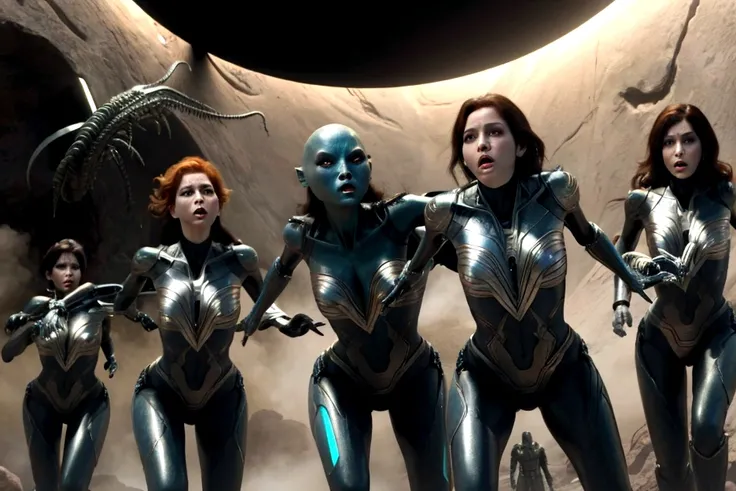 five alien women fighting over human male, realistic hd