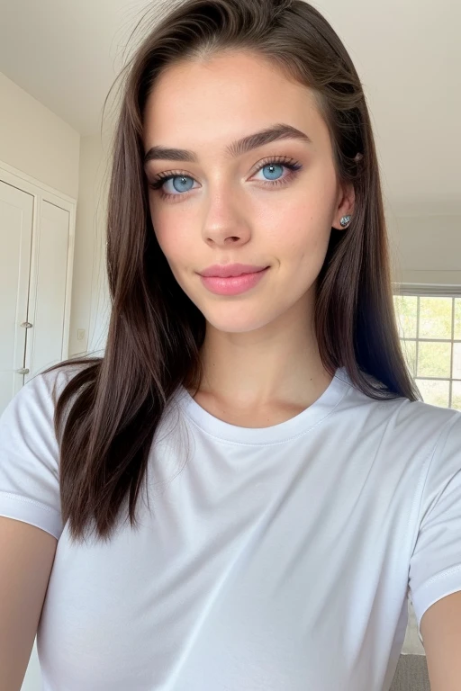 beautiful girl of 18 years old with blue eyes, looking directly at the camera, with a natural makeup,  very realistic, instagram selfie, at home, tight tshirt, film grain, clothes very tight, innocent, smiling, fake tits, fake lips, filler lips, skinny