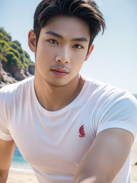 A handsome, muscular young Asian man looks at the camera. In a simple t-shirt white and red , Fieldside, grass, beach, sunlight