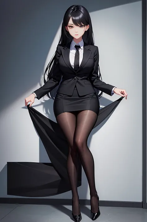 Officelady、Black jacket、Black tight skirt、White blouse、Black tights、High pumps with black heels、Black hair、s Office、lana、Beautiful woman、gazing at viewer、Looking here、hight resolution、top-quality、full body Esbian、animations、illustratio、Ultra-detailed delic...