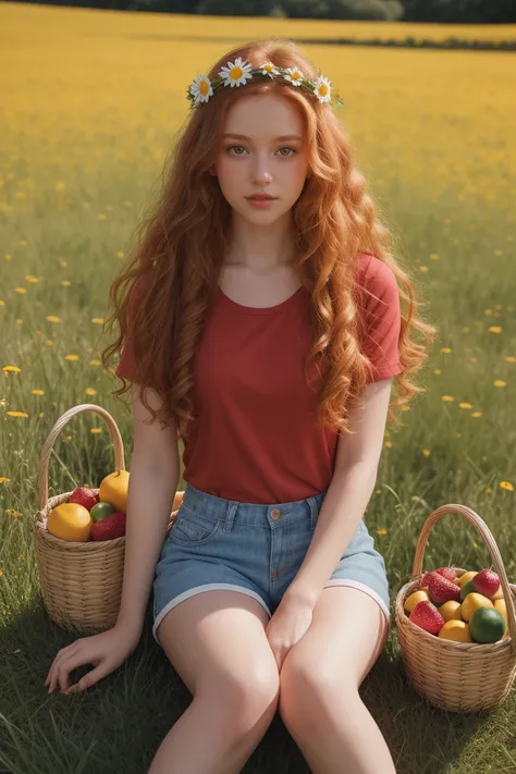 (girl:1.2),alone, (long ginger curly hair:1.1), brown eyes, Wearing a daisy wreath on your head, Sit in a daisy field, (fruit basket:1.1), blue shorts, red shirt,,raw,photographic,photo shadows,actual,Ridiculous,Aesthetic,elegant, ballet