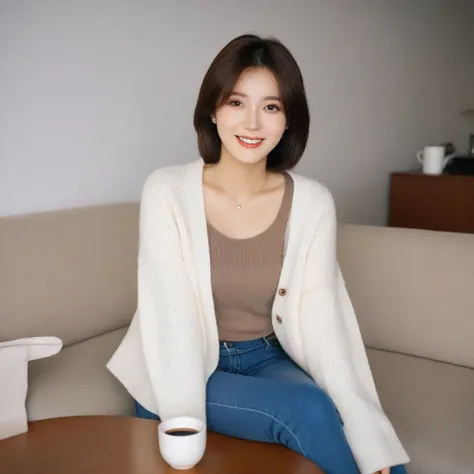 Beautiful Korean Woman , 32 inch chest size, Your eyes are big and pretty. Wearing a cardigan with a blouse, casual pants, short medium hair, Smile. necklet, sit on the sofa , coffee on the table, uhd