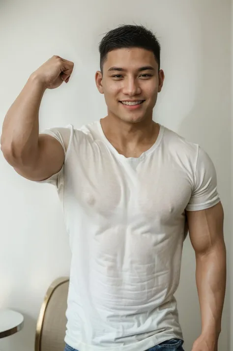 ((Highest quality, 8K, Masterpiece: 1.3))、Thailand Laos Burma Asia, Thai man, A handsome Asian rugby player with short hair, a muscular beard, and big muscles., １A man who has、 yo、Good appearance、Beautiful nose、smile、 Detailed eyes and face、beautiful light...