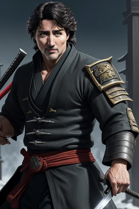 Highest quality，High resolution，((Justin Trudeau)) ，Canada，Kenshiro，Fist of the North Star，samurai，One person，warrior，（black_coat），kimono，male，One personで，Middle Age，Swordsman，strongest，Anime Style，(Limbs)，(Full Finger)，(Accurate fingertips), (The finer de...