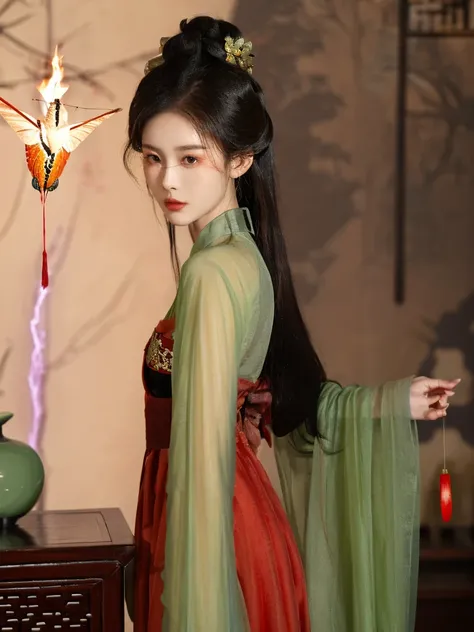 Xingxian，Apricot，Green makeup jadeite，Dan face Sai rouge。The starry eye is still bright，The moth eyebrows are beautiful and aligned。The bottom line is a five-color plum light red dress，Wear a garment lighter than armor。China costume