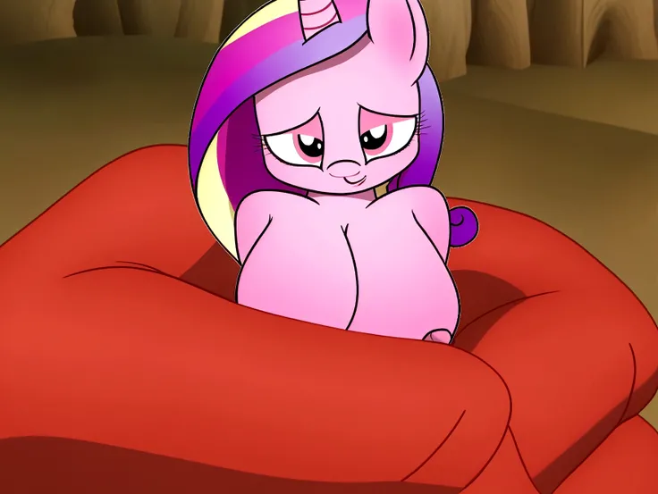 there is a cartoon picture of a pinkie pony sitting on a red blanket, fim still, windy mane, pinky pie my little pony, giddy smirk, slightly smiling, naughty expression, pinkie pie equine, very sleepy and shy, looking exhausted, slight smirk, nefarious smi...