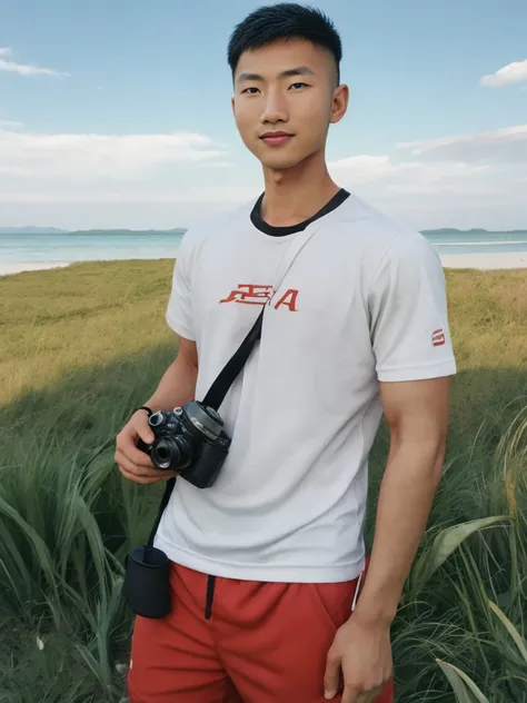 A handsome, muscular young Asian man looks at the camera. In a simple t-shirt white and red , Fieldside, grass, beach, sunlight, Carrying a camera