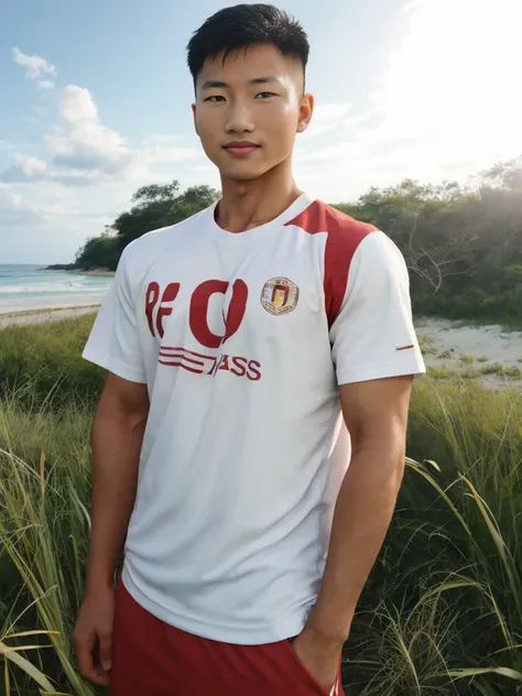 a handsome, muscular young asian man looks at the camera. in a simple t-shirt white and red , fieldside, grass, beach, sunlight,...