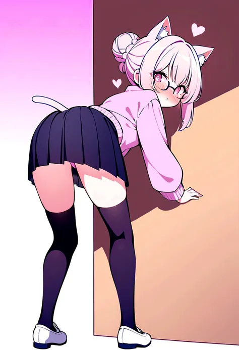 I have white pink hair, cat ears, a bun, my face is super blushing, black glasses, pink heart eyes, a big pink sweatshirt, a black skirt, black stockings, white shoes, a cat&#39;s tail, a girl. very shy that she is glued to a wall with her butt