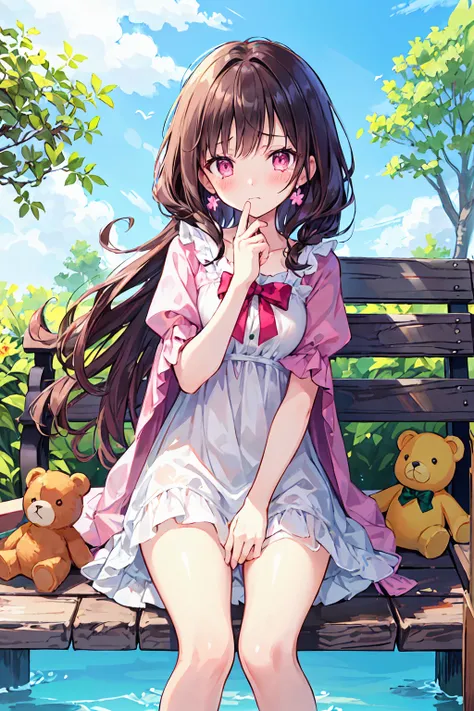 masterpiece, Highest quality, One girl, Dark brown hair, Long Hair, bangs, Pink Eyes, sad, In tears, View your viewers, Outdoor, blush, Ruffle sleeves, Wipe tears with your hands, With a teddy bear, Have a toy, very Long Hair, wood, Contemporary, Day, Floa...