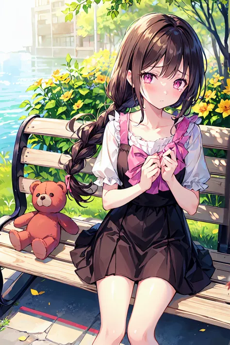 masterpiece, Highest quality, One girl, Dark brown hair, Long Hair, bangs, Pink Eyes, sad, In tears, View your viewers, Outdoor, blush, Ruffle sleeves, Wipe tears with your hands, With a teddy bear, Have a toy, very Long Hair, wood, Contemporary, Day, Floa...