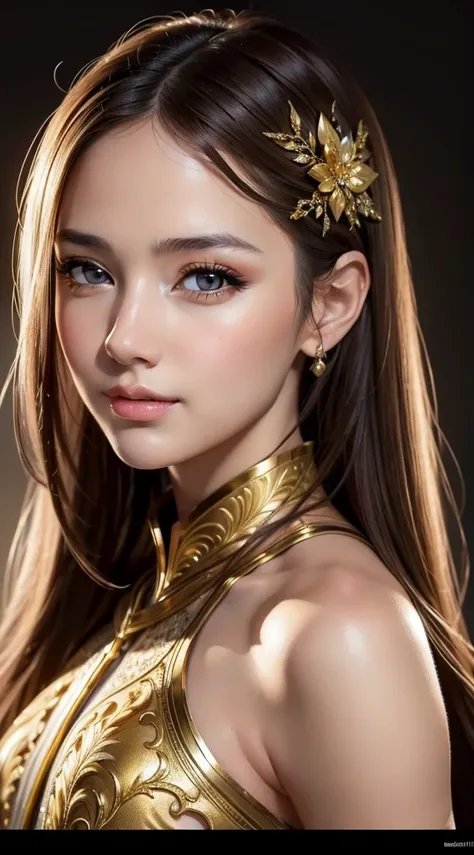 best quality, masterpiece, (realistic:1.2), 1 girl, brown hair, brown eyes, Front, detailed face, beautiful eyes, wear golden black suit, best quality, masterpiece, (realistic:1.2), 1 girl, detailed face, beautiful eyes, [(Transparent background:1.5)::5], ...