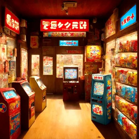 Wooden buildings, Red roof, Faded signboard, goodwill, Glass door, Dimly lit interior, Wooden shelves, Candy, Colorful packaging, Ramune in a glass bottle, Retro game consoles, CRT TV, Invaders Game, Pac-Man, 10 yen, Childrens laughter, summer afternoon su...