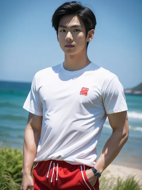 A handsome, muscular young Asian man looks at the camera. In a simple t-shirt white and red , Fieldside, grass, beach, sunlight, Carrying a camera