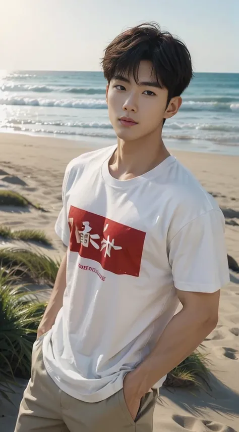 A handsome, muscular young Asian man looks at the camera. In a simple t-shirt white and red , Fieldside, grass, beach, sunlight, Carrying a camera