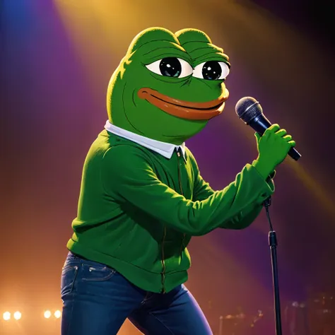 A pepe the frog cartoon character,frog dropping microphone on stage,humorous,comedic,vibrant colors,dynamic pose,high energy expression,spotlight,stage,concert,performanceart,digital painting,highly detailed,photorealistic,4k,8k,masterpiece